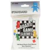 Board Game Sleeves: Standard (100) - Clear plastic board game sleeves in a sealed white package with colorful game piece icons and black-and-white checkered.