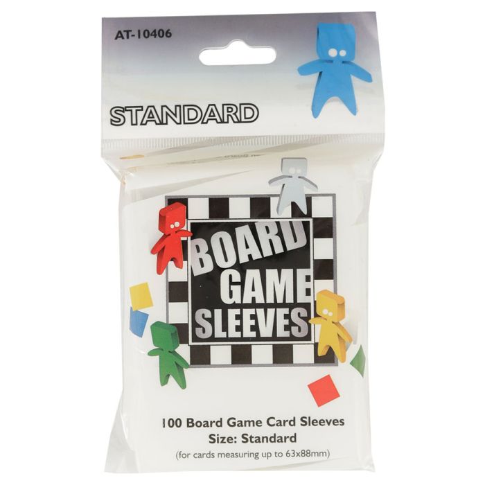 Board Game Sleeves: Standard (100) - Clear plastic board game sleeves in a sealed white package with colorful game piece icons and black-and-white checkered.