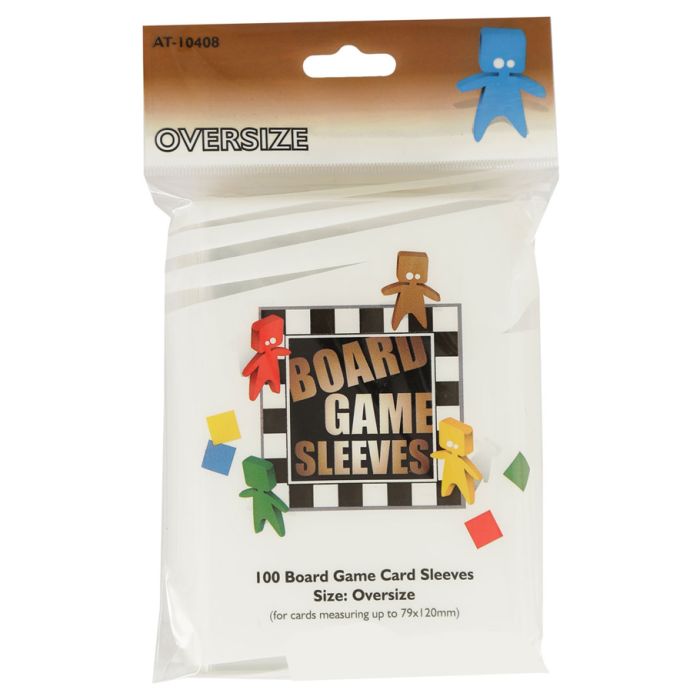 Board Game Sleeves: Oversize (100) - Clear plastic oversized board game sleeves in a resealable pack with colorful gaming character illustrations and.