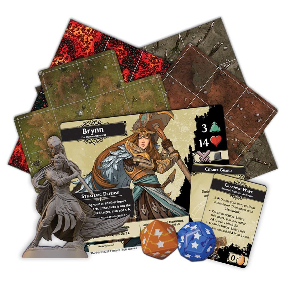 Descent - Legends of the Dark - The Betrayer's War - Board game components including colorful character cards, detailed standees, two polyhedral dice, and various game tiles.