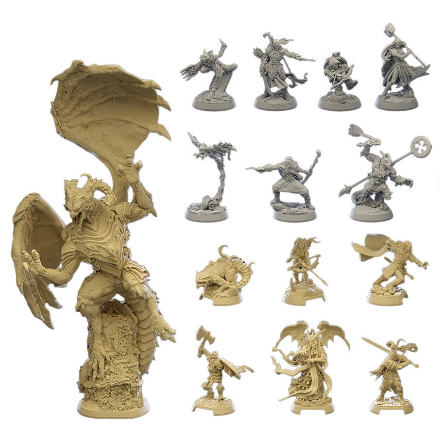 Descent - Legends of the Dark - The Betrayer's War - Detailed tan and gray plastic miniatures featuring fantasy creatures and warriors in dynamic poses for a campaign board game.