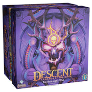 Descent - Legends of the Dark - The Betrayer's War - Purple and blue box with a large glowing skull and antlers design, featuring ornate magical symbols and the title "Descent.
