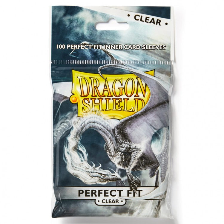 Dragon Shield : Perfect Fit: Clear 100 Count - Clear plastic card sleeves pack with dragon artwork and bold yellow Dragon Shield logo.