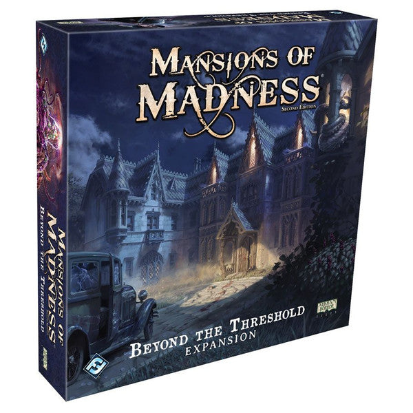 Mansions of Madness 2nd Edition: Beyond the Threshold - Dark blue board game box with gothic mansion illustration and gold lettering for Mansions of Madness 2nd Edition Beyond the.
