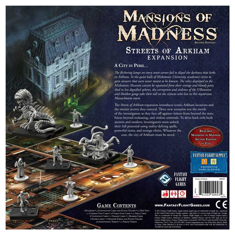 Mansions of Madness 2E: Streets of Arkham - Board game expansion box with dark, eerie mansion artwork, detailed miniature figures, and a game board grid displaying.