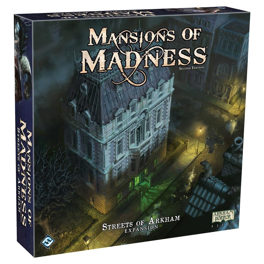 Mansions of Madness 2E: Streets of Arkham - Mansions of Madness 2E game box with a dark, eerie mansion and foggy, dimly lit street scene at night.
