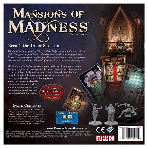 Mansions of Madness 2nd Edition: Sanctum of Twilight - Sanctum of Twilight board game box with dark, mysterious fantasy artwork, includes character miniatures, game cards, and.