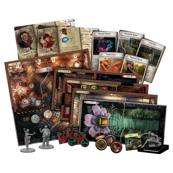 Mansions of Madness 2nd Edition: Sanctum of Twilight - Board game set with detailed map boards, character cards, tokens, dice, and miniature figures in a dark fantasy theme.