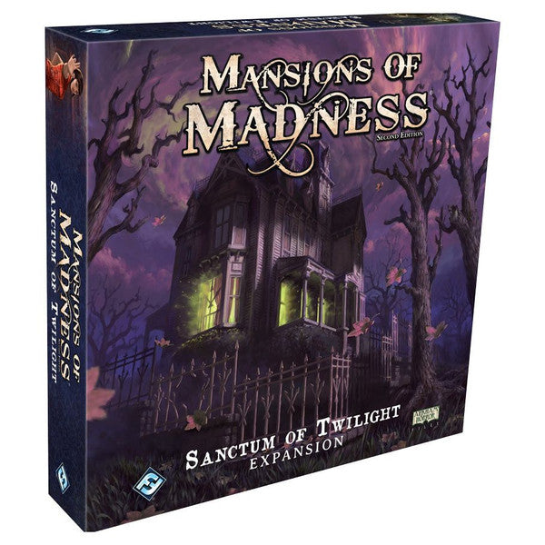 Mansions of Madness 2nd Edition: Sanctum of Twilight - Dark haunted mansion surrounded by eerie trees on Mansions of Madness Sanctum of Twilight board game box.