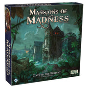 Mansions of Madness: Path of The Serpent - Dark green and black board game box with an eerie mansion surrounded by dense jungle and glowing eyes in the shadows.