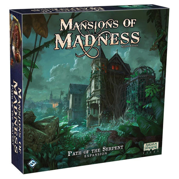 Mansions of Madness: Path of The Serpent - Dark green and black board game box with an eerie mansion surrounded by dense jungle and glowing eyes in the shadows.