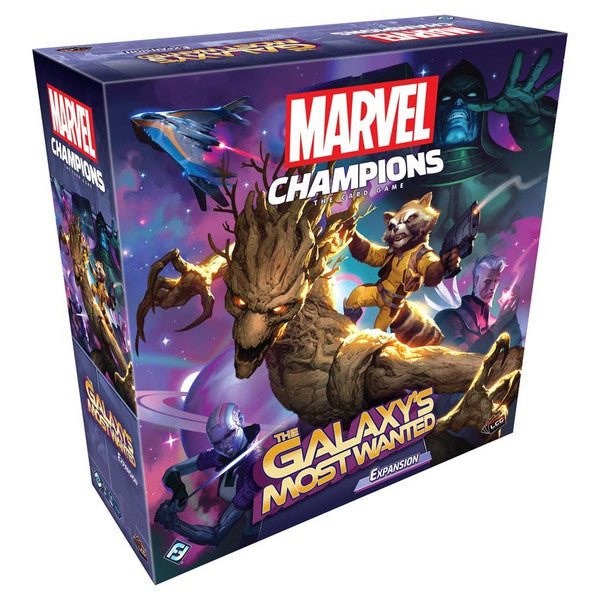 Marvel Champions LCG: The Galaxy's Most Wanted Expansion - Marvel Champions card game expansion box featuring Groot and Rocket Raccoon artwork in vibrant purple and blue space-themed.