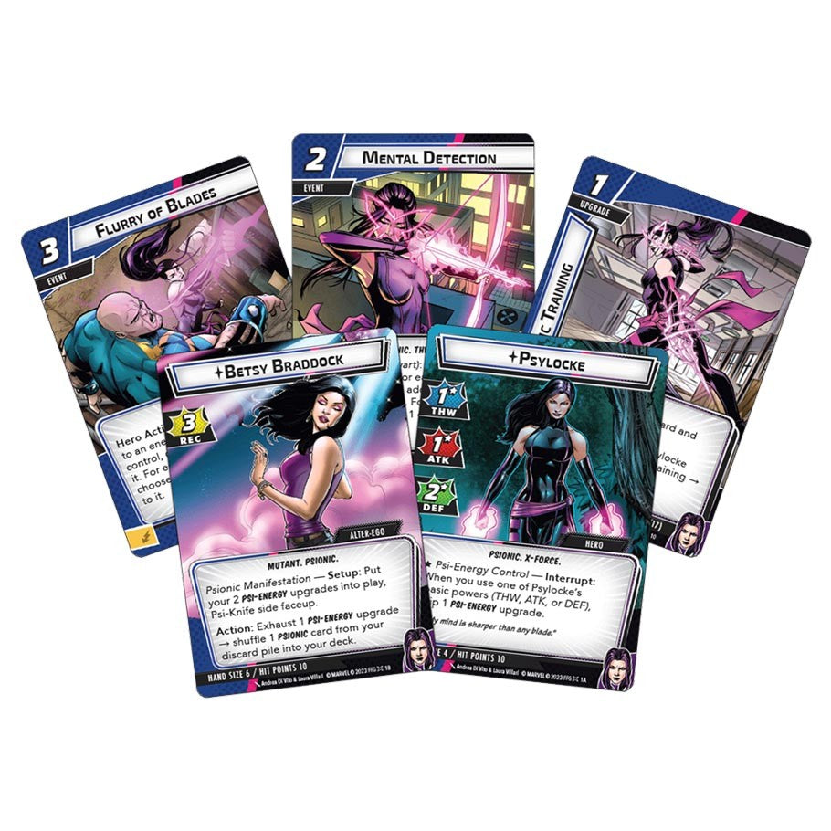 Marvel Champions: The Card Game - Psylocke Hero Pack - Five Marvel Champions card game cards featuring Psylocke and related characters with colorful comic-style illustrations and.