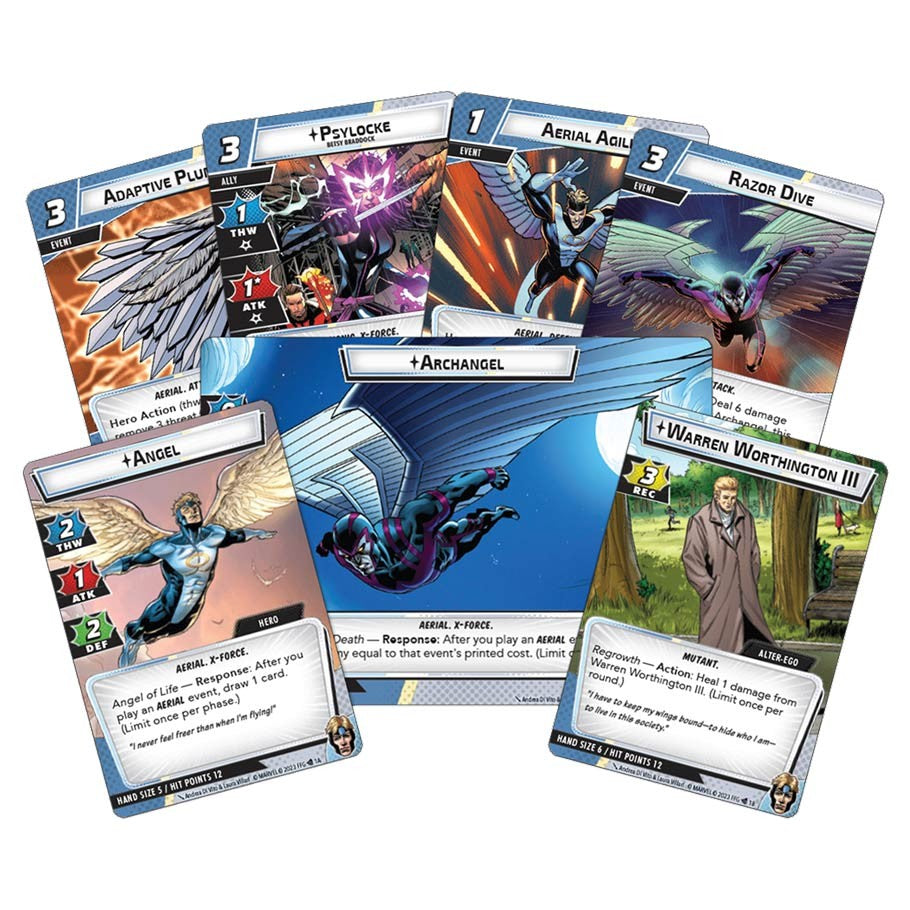Marvel Champions: The Card Game - Angel Hero Pack - Marvel Champions Angel Hero Pack with colorful illustrated playing cards featuring characters and action scenes in blue and.