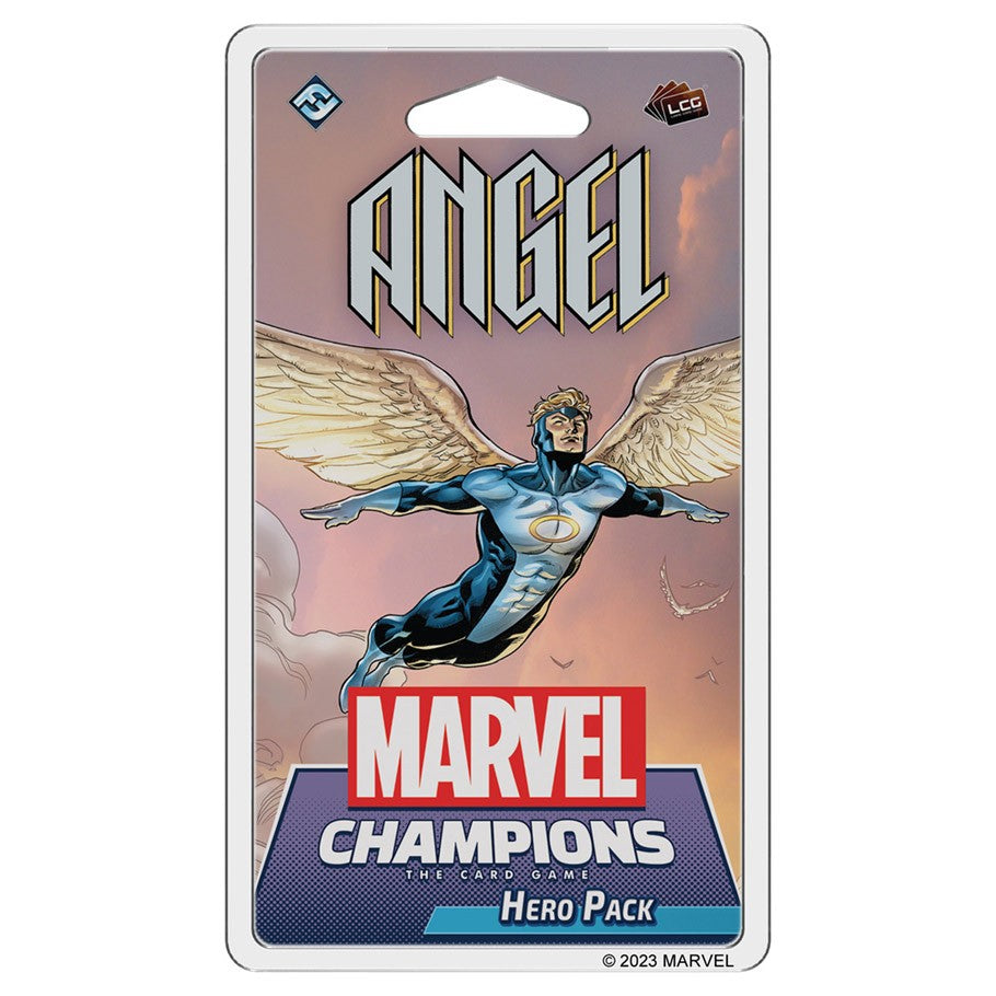 Marvel Champions: The Card Game - Angel Hero Pack - Marvel Champions Angel Hero Pack card game expansion with flying superhero against pink sky background.
