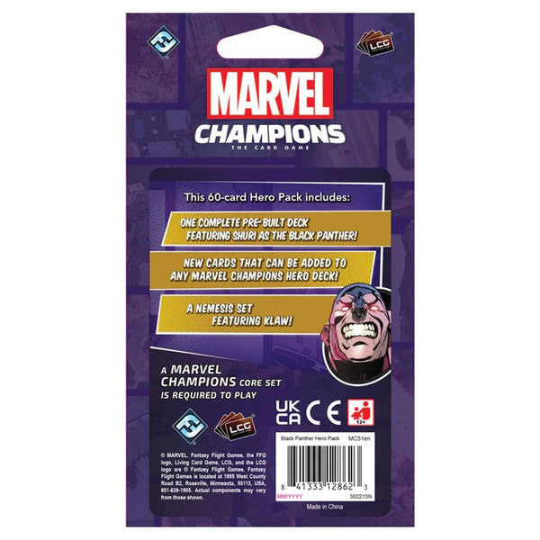 Marvel Champions: The Card Game - Black Panther Hero Pack - Marvel Champions Black Panther Hero Pack card game expansion pack with purple and black packaging and character art of Black