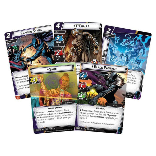 Marvel Champions: The Card Game - Black Panther Hero Pack - The Card Game cards spread out, featuring Black Panther and T’Challa artwork with colorful fantasy illustrations and game.