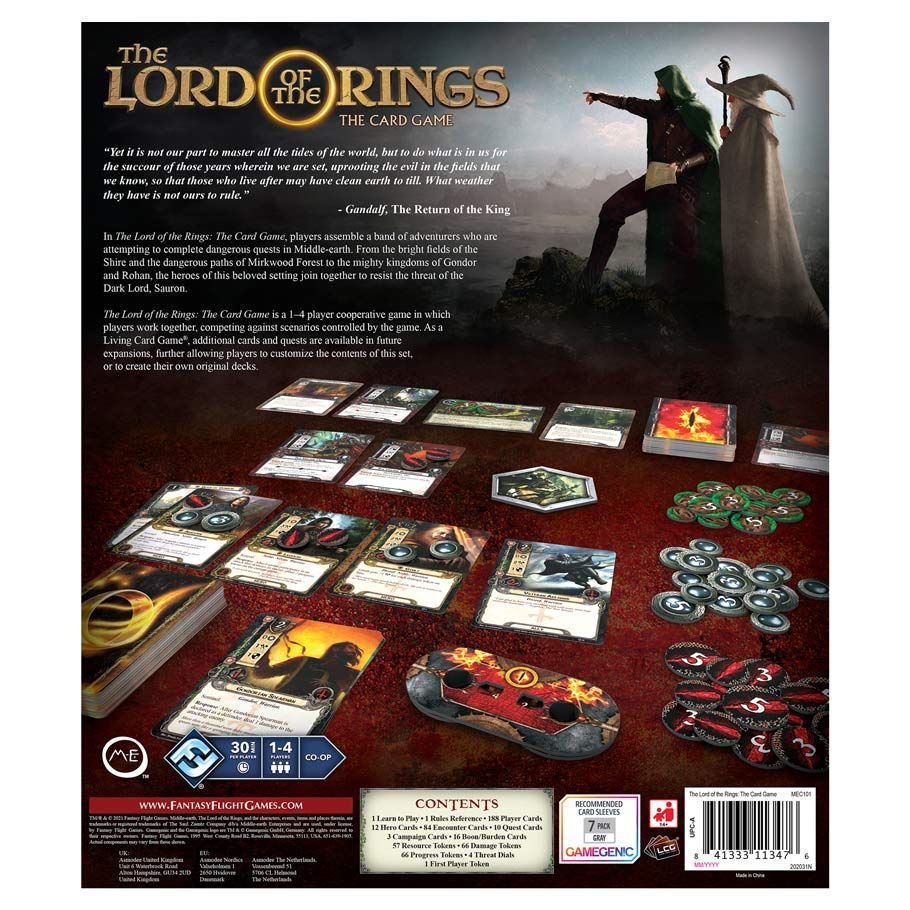 Lord of the Rings LCG: Revised Core Set - Lord of the Rings board game box with detailed cards, tokens, and illustrated game pieces spread on a dark surface.