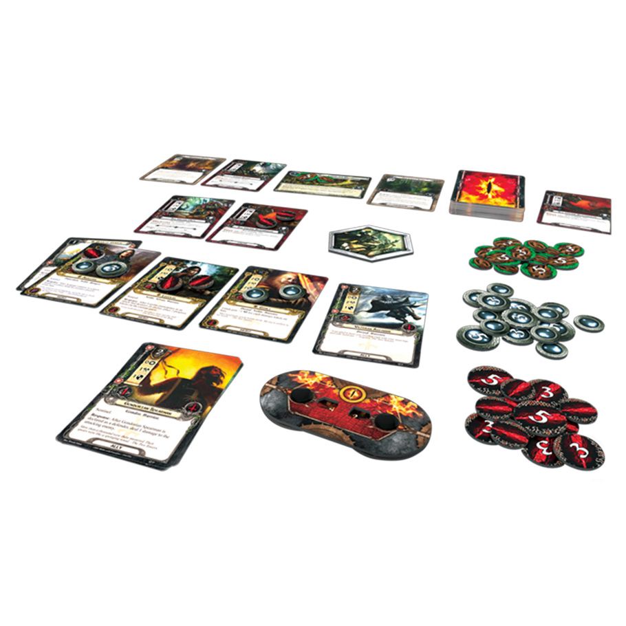 Lord of the Rings LCG: Revised Core Set - Lord of the Rings card game set with colorful character and item cards, hexagonal and round tokens, and a circular game.