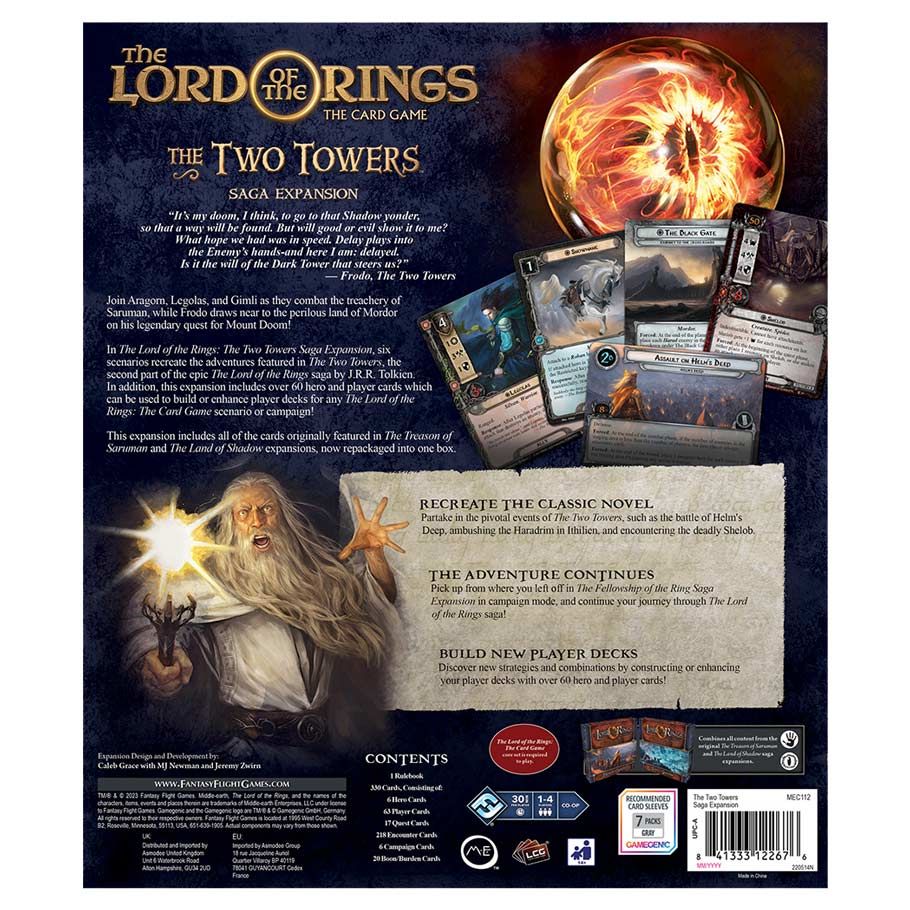 Lord of the Rings LCG: The Two Towers Saga Expansion - Lord of the Rings LCG The Two Towers Saga Expansion box with fantasy card game artwork, text, and a fiery ring illustration.