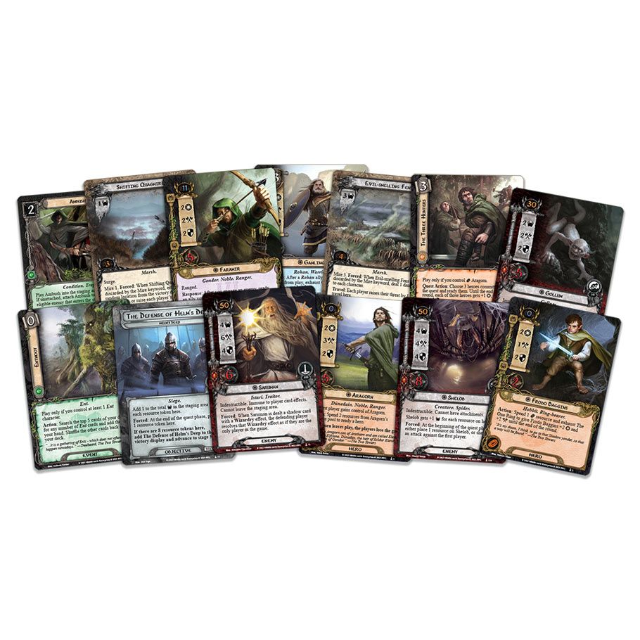 Lord of the Rings LCG: The Two Towers Saga Expansion - Collection of rectangular Lord of the Rings LCG game cards with colorful fantasy artwork and character stats on each card.