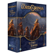 Lord of the Rings LCG: The Two Towers Saga Expansion - Dark blue box with fantasy art of three cloaked figures overlooking a fiery battlefield, gold and white text reading The.