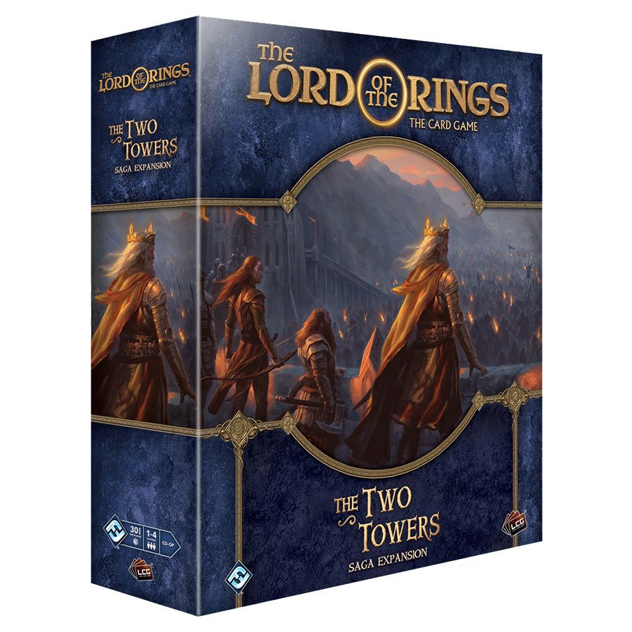 Lord of the Rings LCG: The Two Towers Saga Expansion - Dark blue box with fantasy art of three cloaked figures overlooking a fiery battlefield, gold and white text reading The.