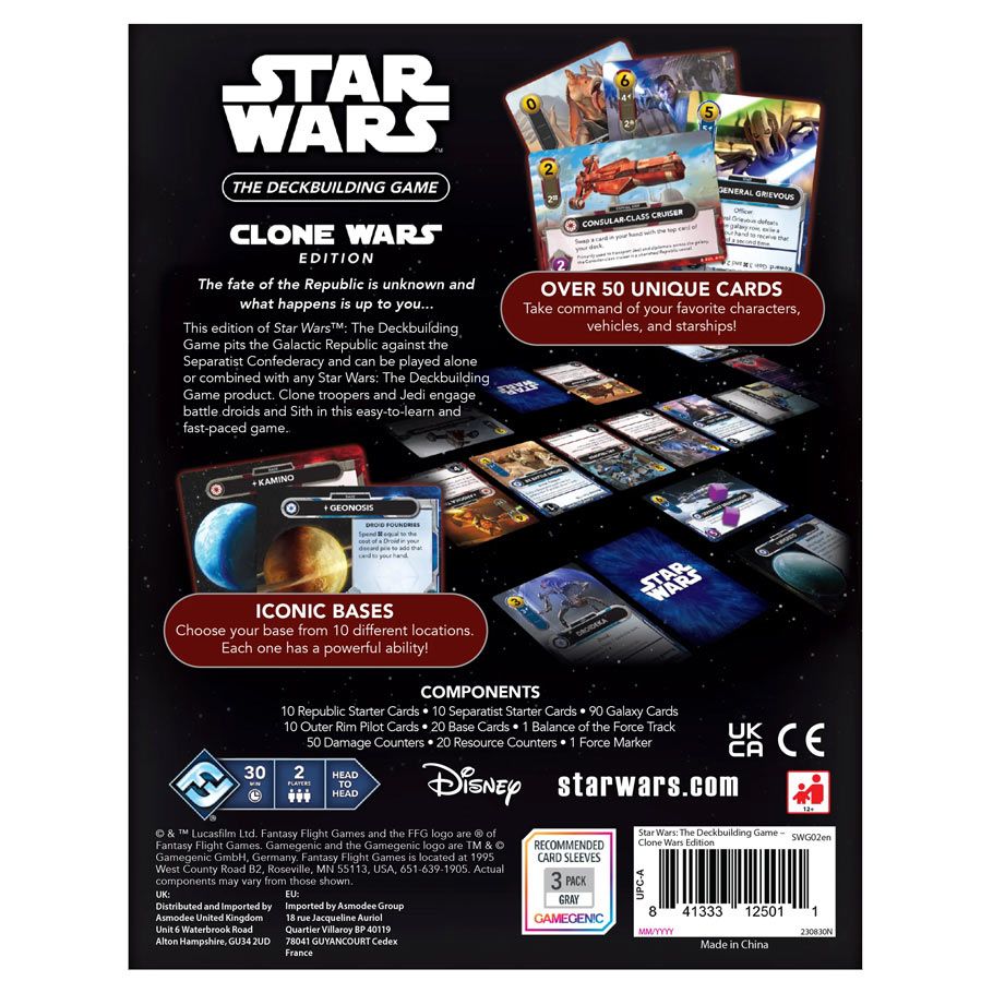 Star Wars: The Deck-building Game: Clone Wars - The Deck-building Game Clone Wars box back showing cards and components with text and logos.