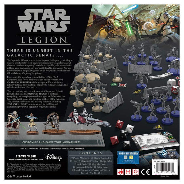 Star Wars Legion: Clone Wars Core Set - Star Wars Legion Clone Wars Core Set box showing assembled miniature figures in beige and blue, detailed sci-fi vehicles,.