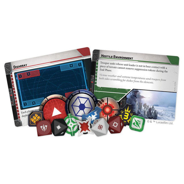 Star Wars Legion: Clone Wars Core Set - Star Wars Legion Clone Wars Core Set with colorful dice, tokens, objective cards, and terrain cards featuring sci-fi and.