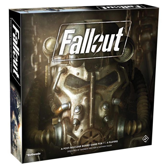Fallout: The Board Game - Fallout board game box featuring metallic power armor helmet with dark, industrial background and white Fallout logo.