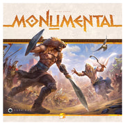 Monumental - Core Box - Strategy board game box featuring artwork of two muscular warriors clashing with swords and shields under a bright sky.
