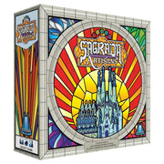 Sagrada: Artisans - Square board game box with stained glass window design featuring vibrant red, yellow, blue, and green colors and a detailed.
