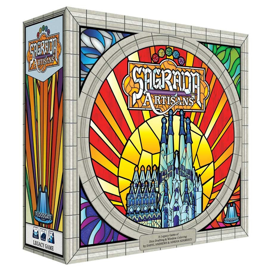 Sagrada: Artisans - Square board game box with stained glass window design featuring vibrant red, yellow, blue, and green colors and a detailed.