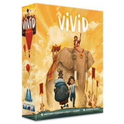 Vivid Memories - Bright orange and yellow box with an illustration of a smiling elephant carrying three children, titled Vivid family.