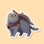 Fighter Class D&D Cat Sticker - Gray cartoon cat wearing leather armor and carrying a sword and shield, sticker with white border.