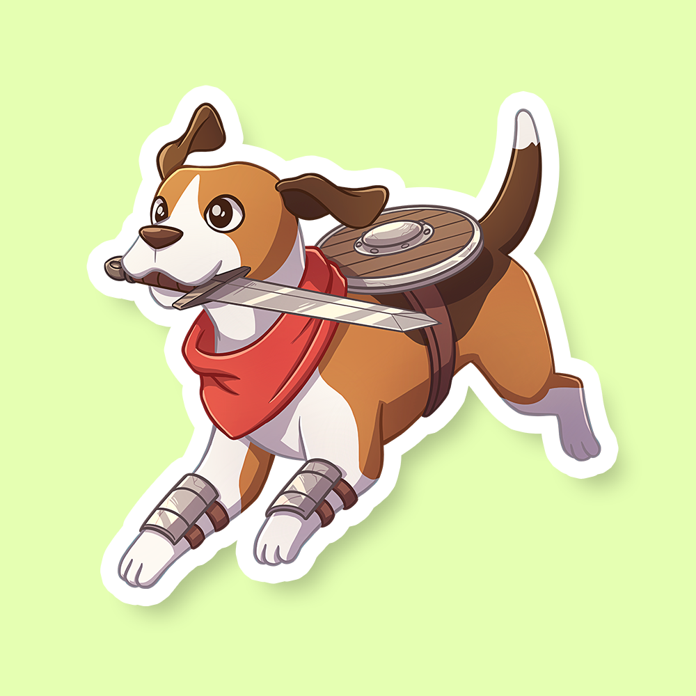 Fighter Class D&D Dog Sticker - Brown and white dog sticker wearing a red bandana and armored bracers, holding a sword in its mouth with a round shield on.