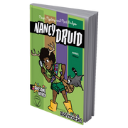 Nancy Druid - Green-covered book titled Nancy Druid featuring a cartoon girl in a scout uniform with a raccoon and colorful nature-themed.