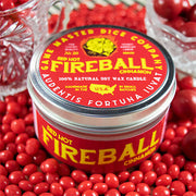 Fireball Gaming Candle - Round metal tin candle with red and yellow Fireball-themed label, cinnamon scent, soy wax fill.