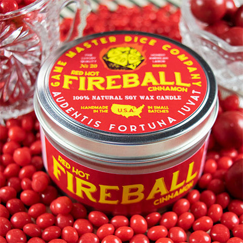 Fireball Gaming Candle - Round metal tin candle with red and yellow Fireball-themed label, cinnamon scent, soy wax fill.
