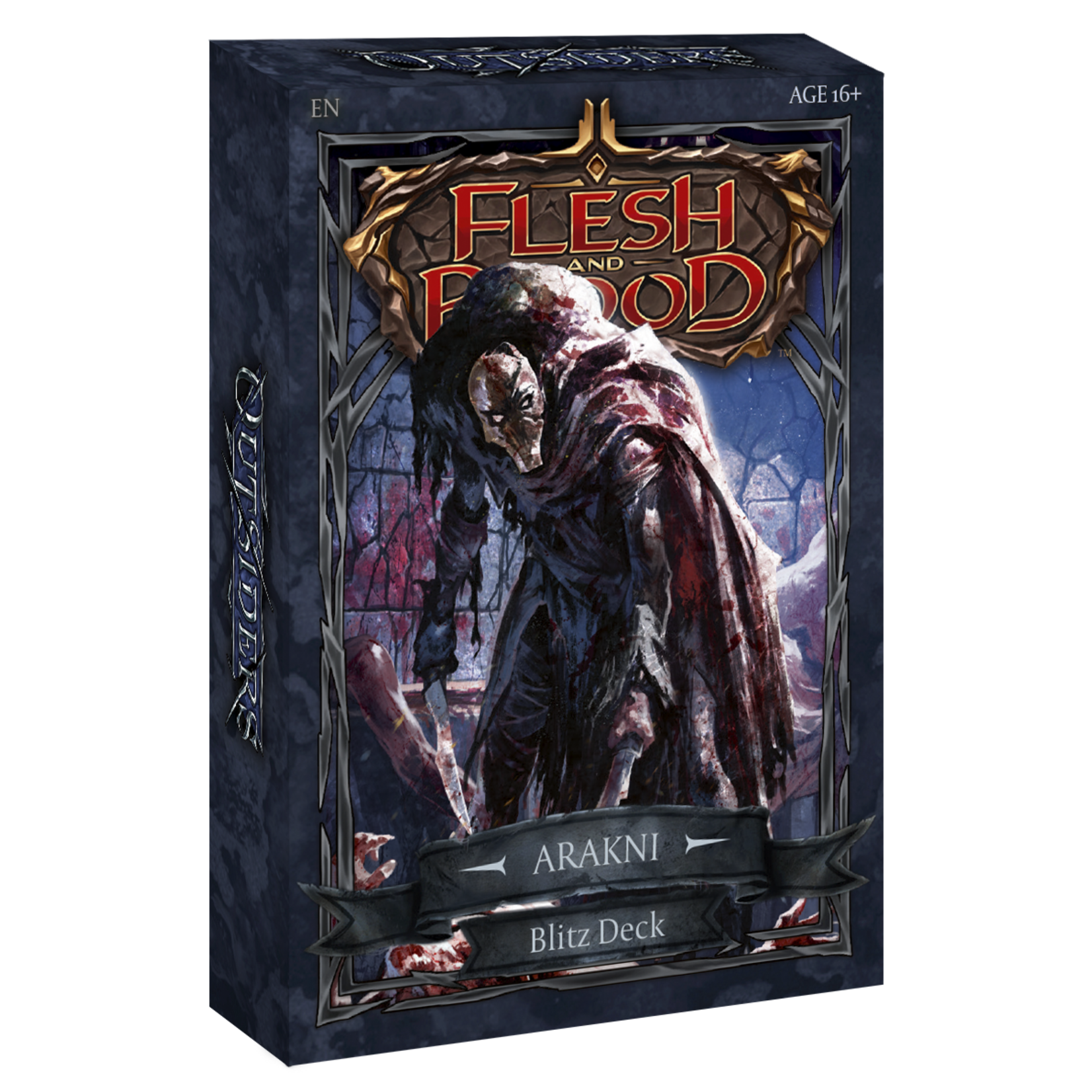 Flesh and Blood - Outsiders - Blitz Deck - Arakni - Flesh and Blood Outsiders Blitz Deck Arakni with dark fantasy artwork of a cloaked spider-like figure on playing card box.