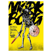 Mork Borg - Yellow book cover with black "Mork Borg" text, featuring a skeletal warrior holding a bloodied sword and round shield with.