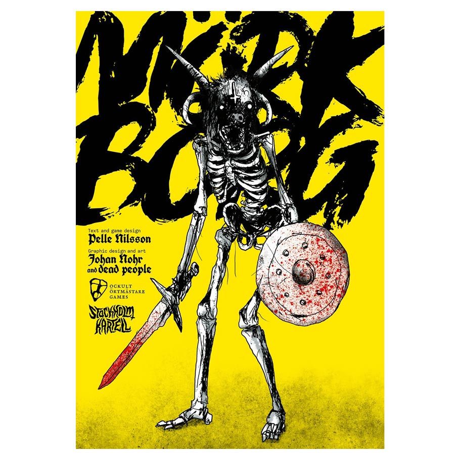 Mork Borg - Yellow book cover with black "Mork Borg" text, featuring a skeletal warrior holding a bloodied sword and round shield with.