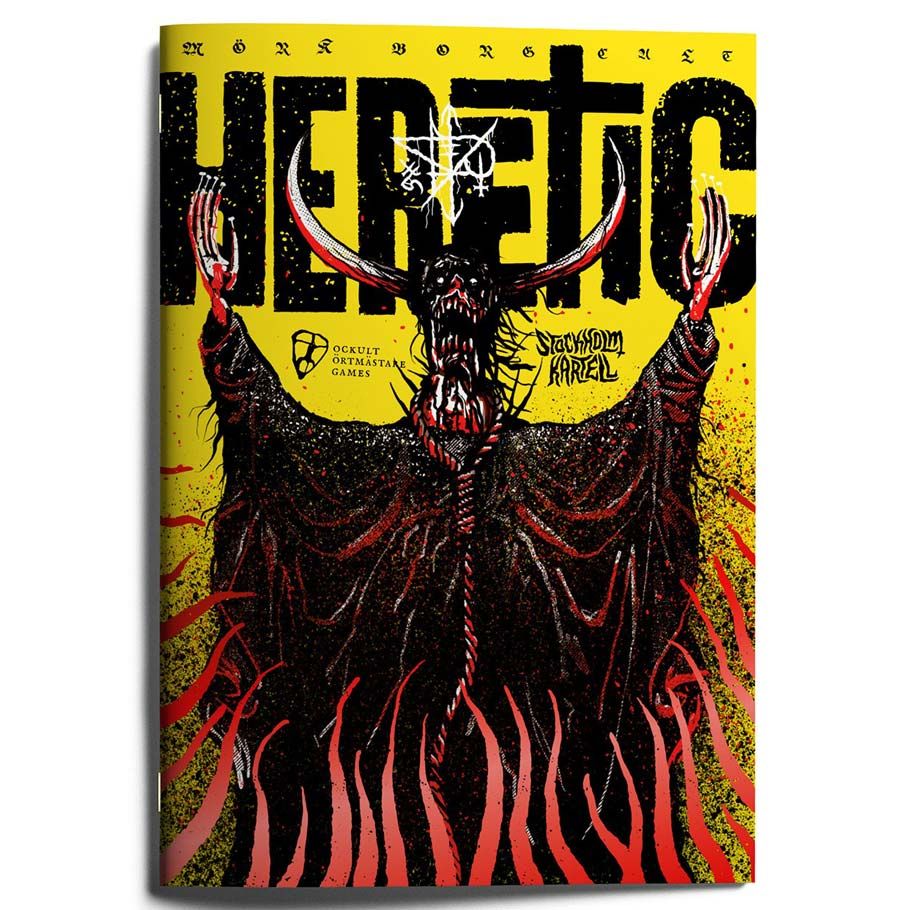 Mork Borg: Cult Heretic - Dark figure with antlers and cloak rising from red flames on a bright yellow background, titled Heretic.