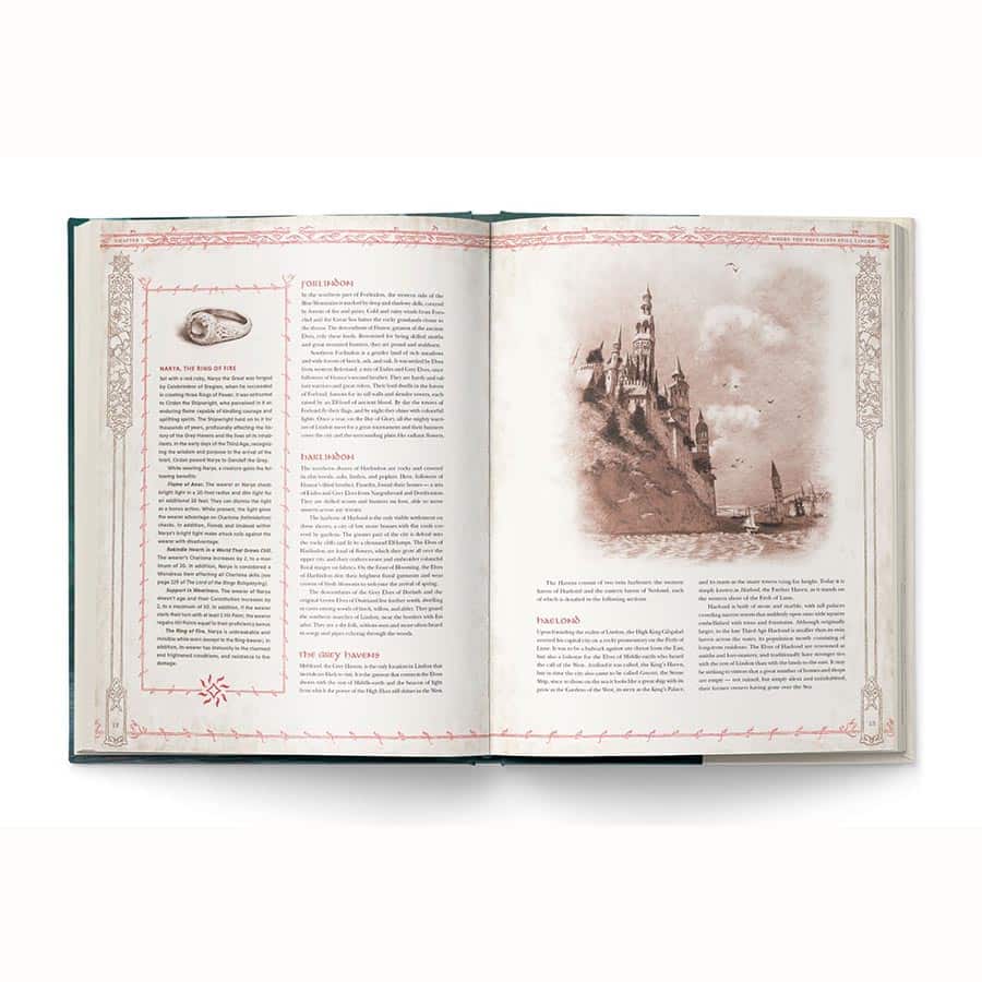 D&D 5E - Lord of the Rings 5E: Keepers of the Elven-Rings - Open book showing text on left page and sepia-toned illustration of a soaring castle on a rocky cliff on right page with.