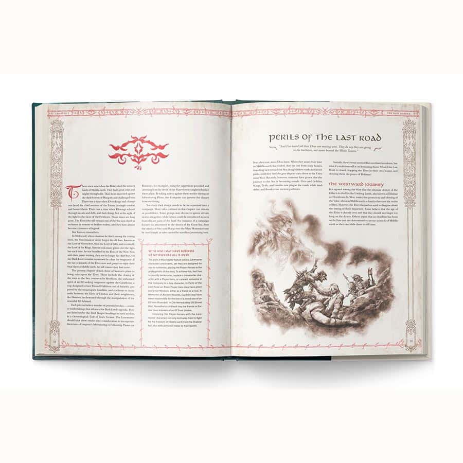 D&D 5E - Lord of the Rings 5E: Keepers of the Elven-Rings - Open fantasy rulebook with intricate red borders, black and red text, and sepia-toned illustration of adventurers by a.