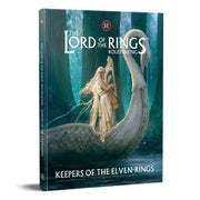 D&D 5E - Lord of the Rings 5E: Keepers of the Elven-Rings - Hardcover fantasy roleplaying book with elven figure in white cloak standing on a large ornate boat in a mystical forest.