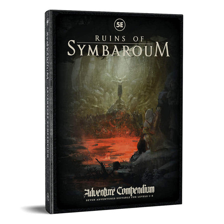 Ruins of Symbaroum RPG: Adventure Compendium (5E) - Black hardcover book titled Ruins of Symbaroum with dark fantasy artwork featuring a glowing red cave interior and a cloaked