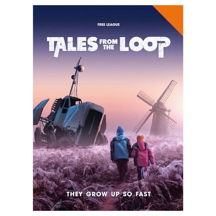 Tales From The Loop: They Grow Up So Fast - Book cover with two children in winter clothes walking through tall grass toward a large, tilted abandoned machinery and a.
