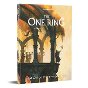 D&D 5E - Lord of the Rings 5E: The One Ring - Softcover book with fantasy artwork depicting an archway and a robed figure on a balcony, warm orange and yellow hues.